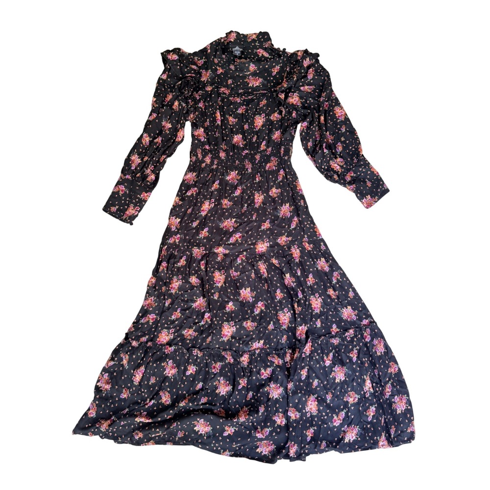Angie Black Floral Maxi Dress Smocked Waist Ruffle‎ Tiered Boho Cottagecore M